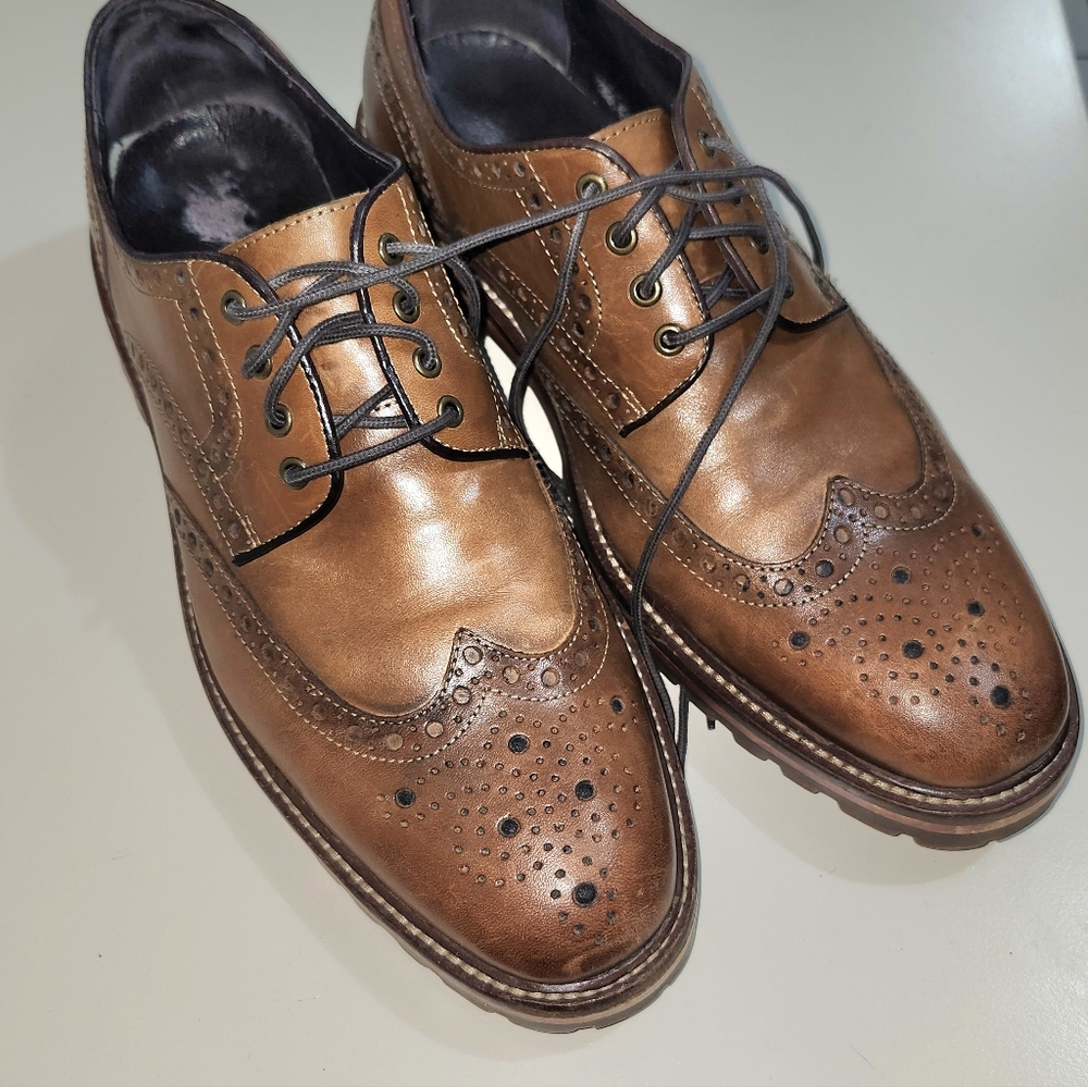 1850 J&M Est Men Shoe  Tan Brown Leather Wing Tip Lace Up Dress  Size 8.5